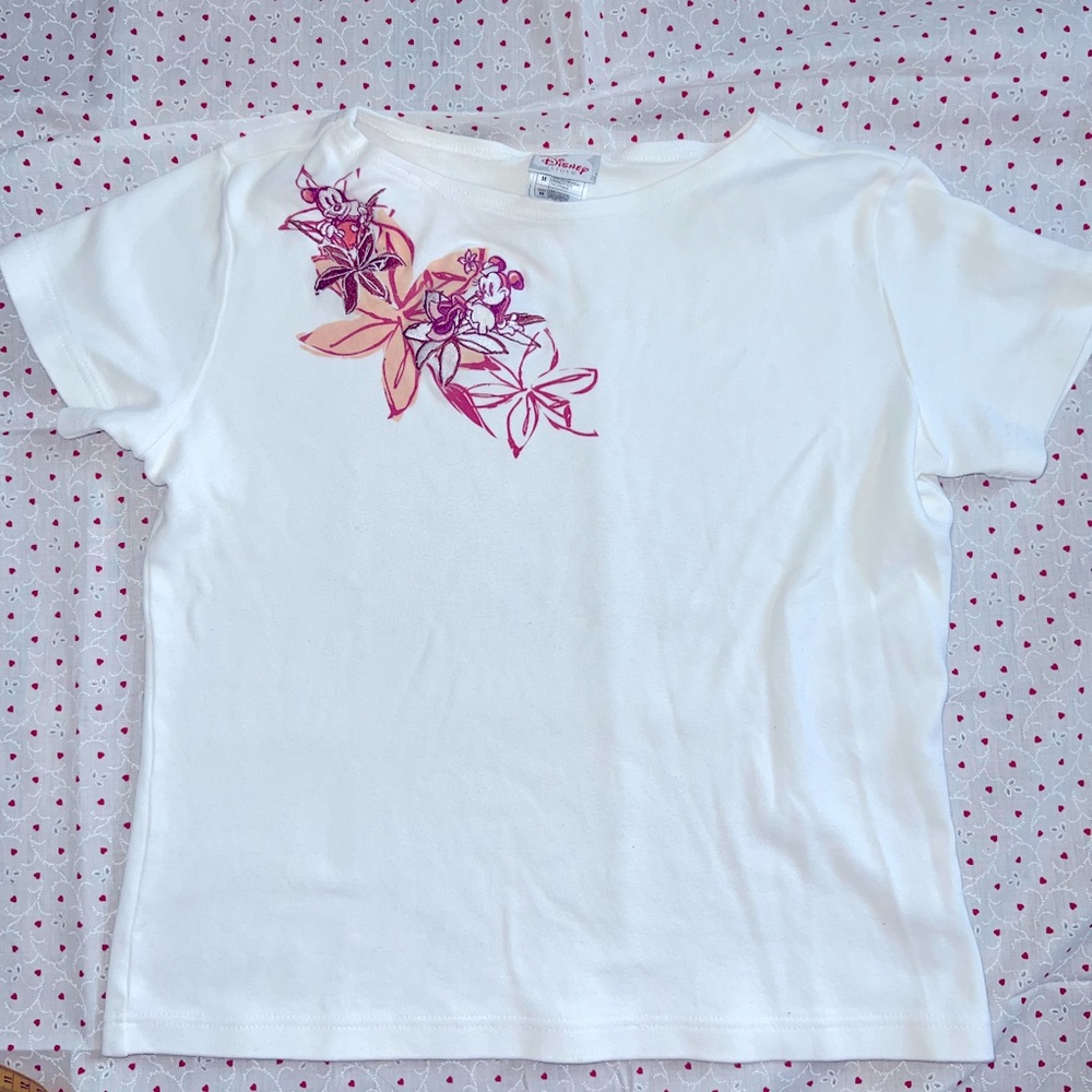 Minnie & Mickey Mouse White & Pink Flower  Embroidery Shirt Vintage